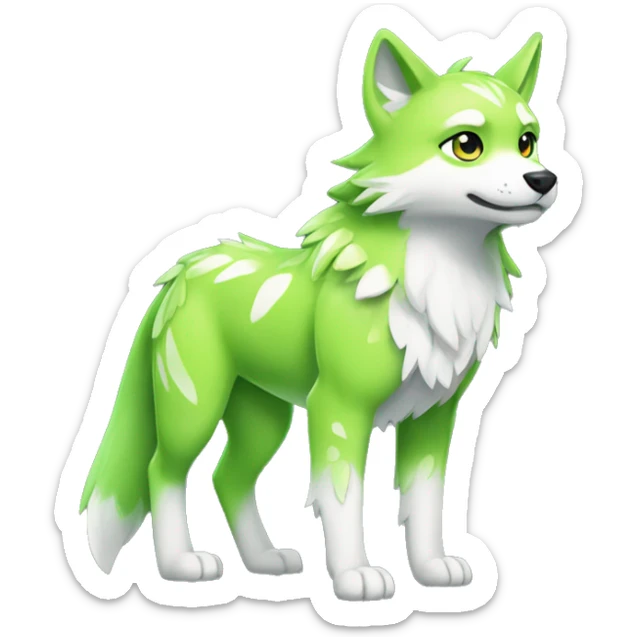 Cute Shy Shiny Lime-Green Falvie-Fakémon-Wolf with white and dark-green markings Full Body sticker