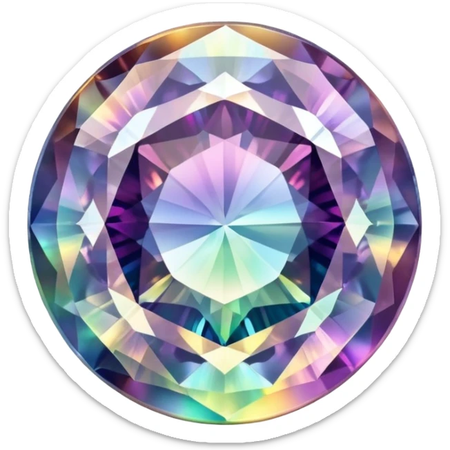 Round cut gemstone of mystic quartz with swirling holographic colors inside sticker