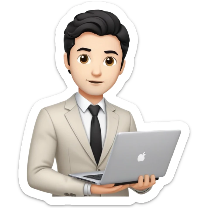 Professional 35-year-old man with black wavy hair, stubble, strong jawline, white skin tone, wearing smart casual business attire, holding a laptop, with a confident approachable expression sticker