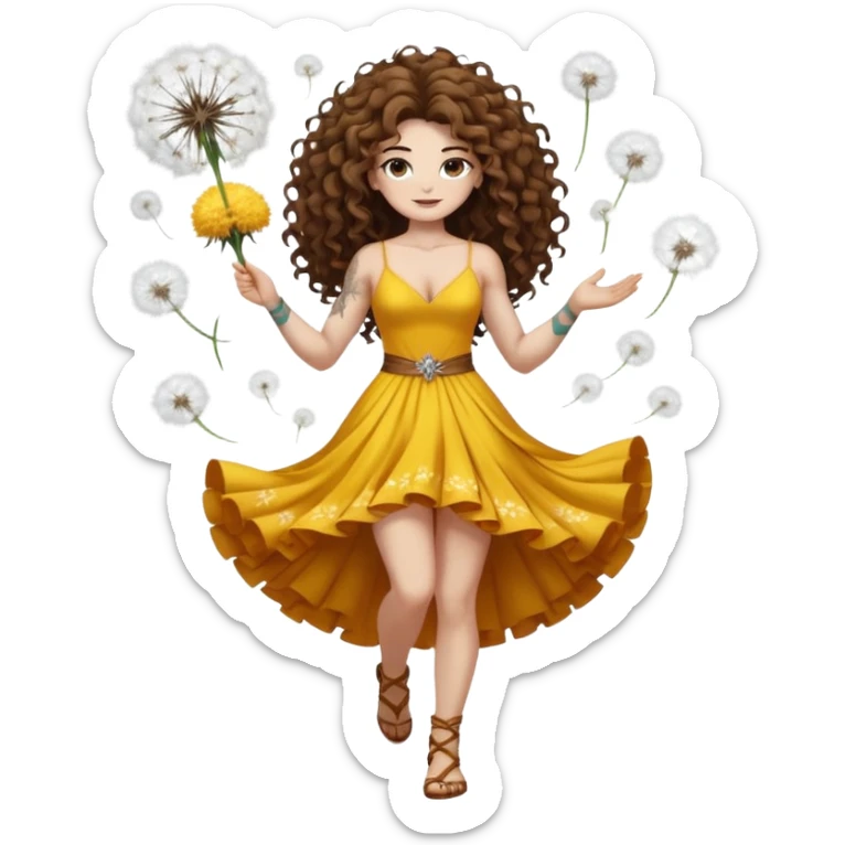 full body woman long curly brown hair brown eyes white skin tattoos muscular build dandelion seed spirit dress made of floating fluff sticker