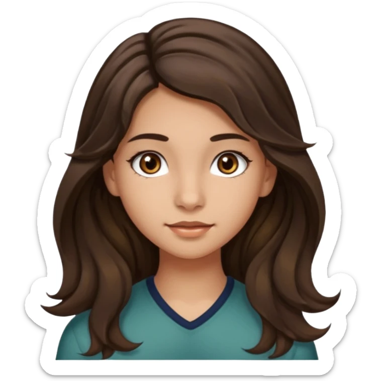 Create a emoji of a girl teen (14 years old) with dark brown hair and a little bit lighter brown in the end of the hair (but mixed) and waves in the hair, very long hair, with MEDIUM FAIR TO OLIVE skin tone, dark brown eyes, perfect nose, long eyelashes sticker
