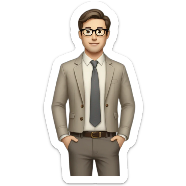 Full height Pale skinned fit man with dark brown hair in gray jacket, beige office shirt, brown tie, brown pants and vintage glasses. His right hand stretched out sticker