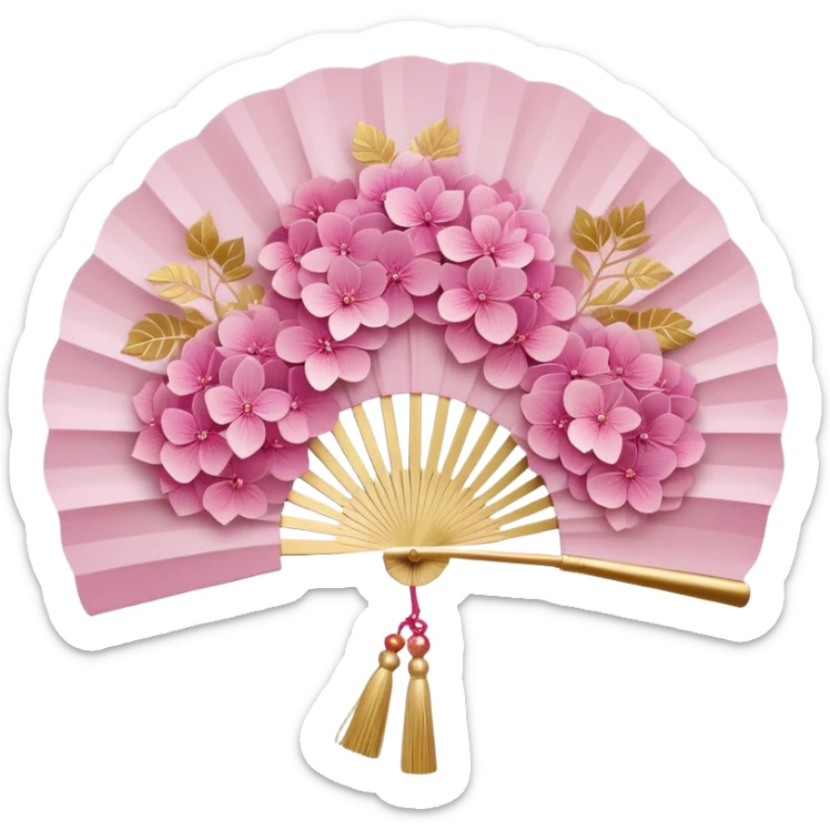 Japanese style pink hydrangea (ajisai) flower arranged like traditional uchiwa fan design, with gold accents, rinpa style pattern background, elegant composition sticker
