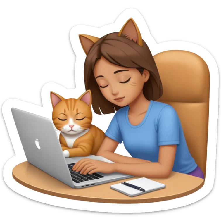 A girl is working hard in front of her laptop, and a cat is sleeping next to it sticker