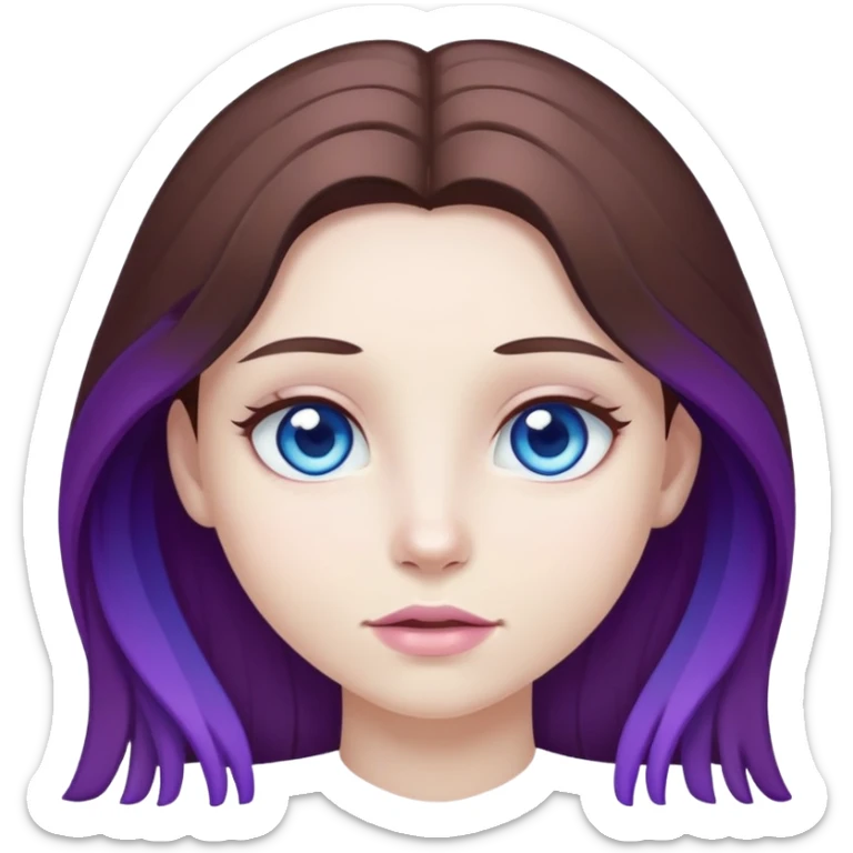 A girl with white skin, blue eyes, and long brown hair, the ends of her hair are purple. sticker