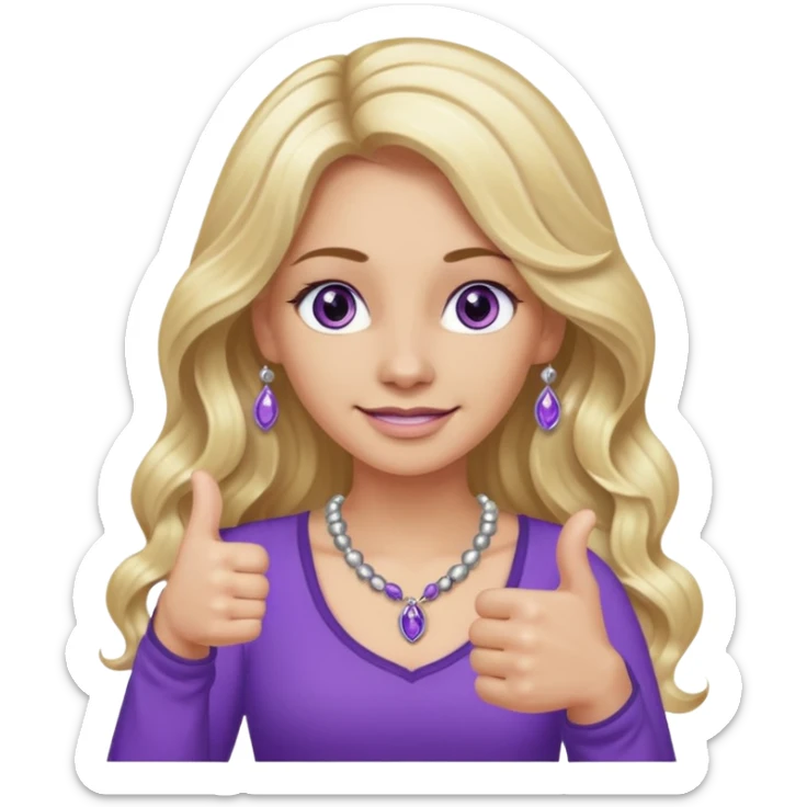 lady with long wavy blonde hair, purple top, коричневыми eyes, thumbs up, с бусами белые и серебром на шее sticker