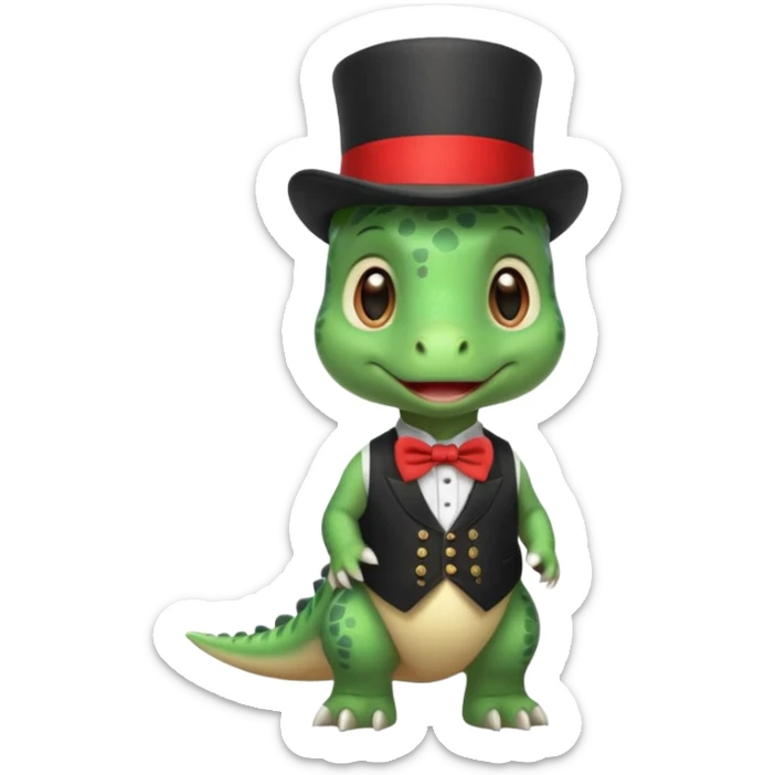 Steampunk:a very cute and adorable green anthropomorphic baby dinosaur with a red top hat sticker