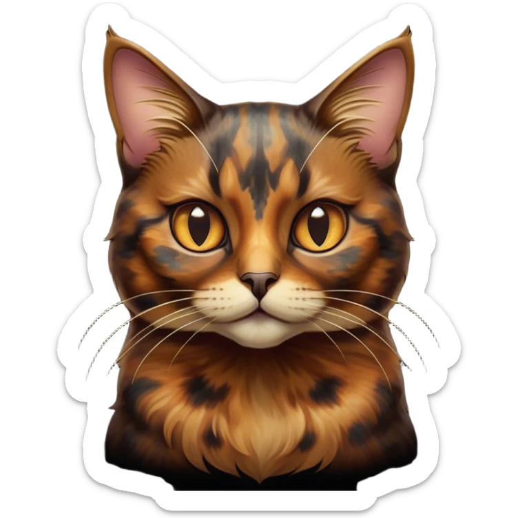 Cinematic Noble Tortoiseshell Cat Portrait Emoji, Poised and dignified, showcasing a luxurious, mottled fur of rich browns and blacks, with elegantly arched whiskers and a determined yet gentle expression, simplified yet meticulously detailed, glowing with a subtle, regal radiance, high shine, embodying quiet nobility and refined charm, soft glowing outline, capturing the essence of a sophisticated tortoiseshell cat exuding quiet authority! sticker