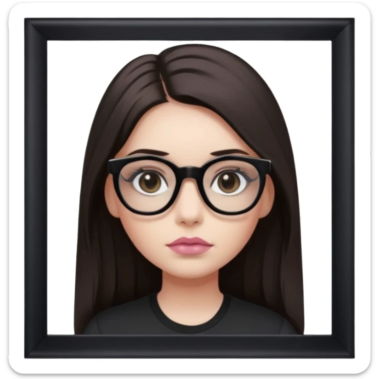 A Girl with dark straight long hair, divided in the middle hairstyle. white skin, black coloured eyes, wearing a black shirt and a tortoise framed glasses. Her mounth is light old pink. sticker