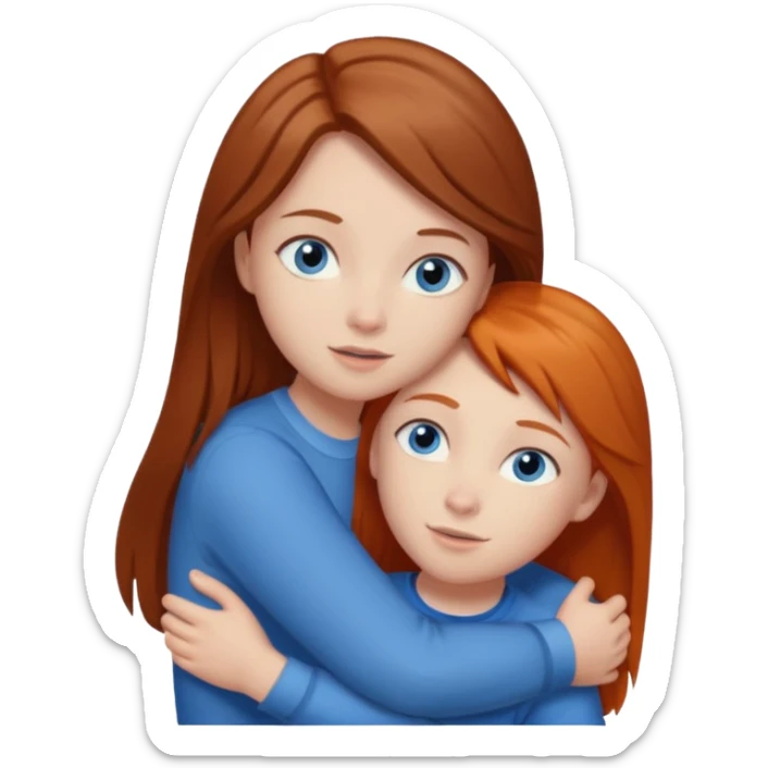 Girl with straight brown hair being hugged by ginger boy. Both have blue eyes.  sticker