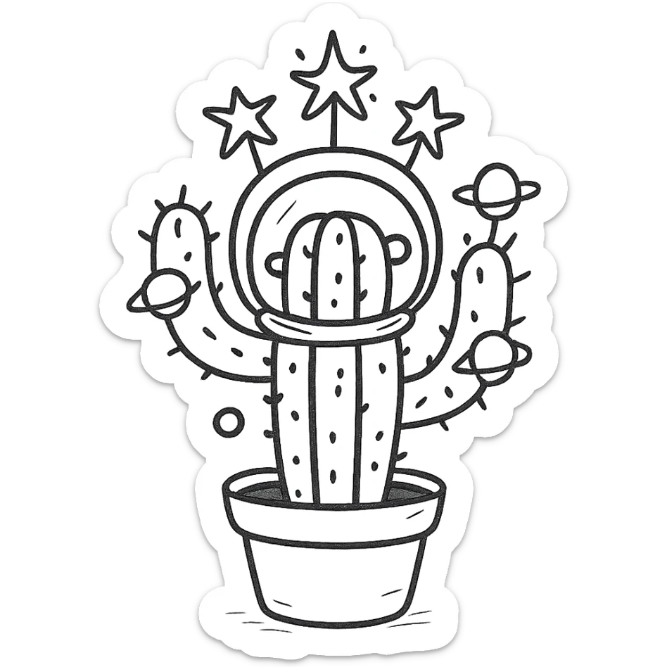 A spacesuit-wearing cactus blooming neon stars instead of flowers, with mini planets on its prickles sticker