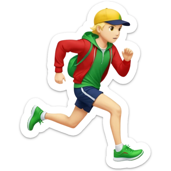 A yellow-skinned person running with a navy ballcap, red hoodie, white shorts, and green shoes sticker