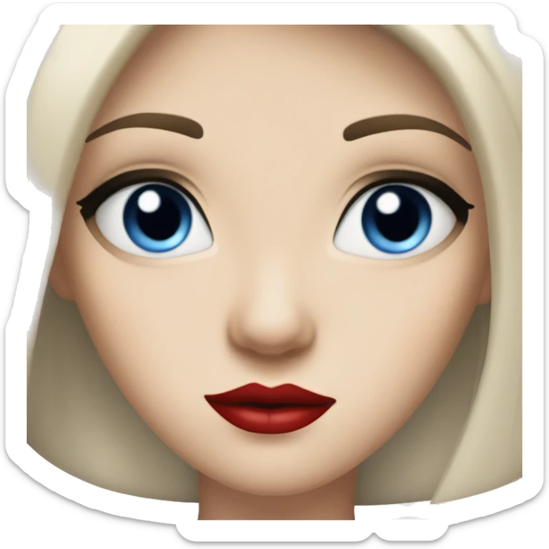 A girl with pale skin, long straight black hair parted in the middle and blue eyes with long eyelashes, red lips sticker
