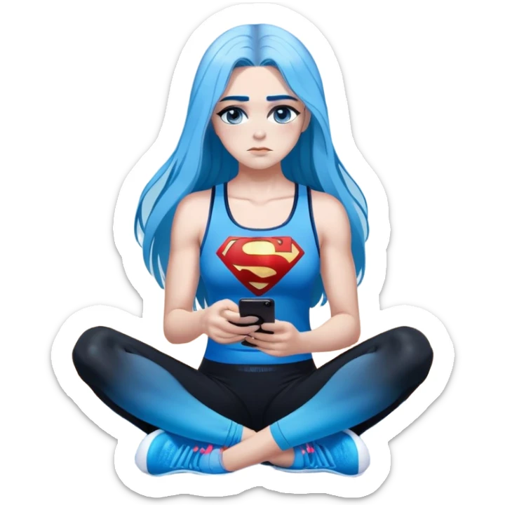 Shameful disappointed crying-very very very very big chest-texting on a samsung cell phone-very long straight flowing black to sky blue hair ombre-blue eyes-black eyeliner-long eyelashes-plastic sparkling sky blue very low cut tank top with sparkling superman logo-black leggings-nike sneakers sticker