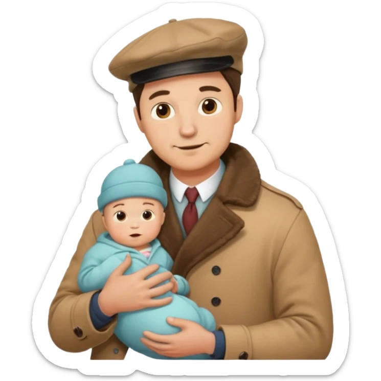 a mustache dad wearing vintage clothes with vintage coat holding his baby  sticker
