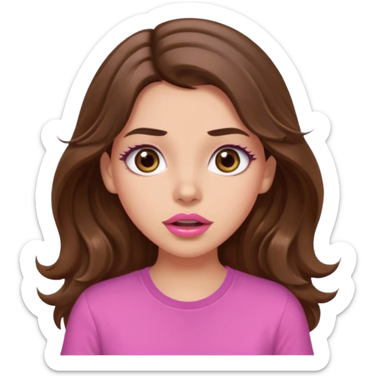 girl with long wavy brown hair, brown eyes, light to medium complexion, in a pink shirt, pink lips, long lashes, surprised, wow sticker