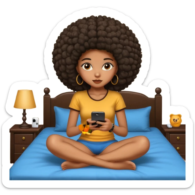 a slim thick black girl sitting on her bed with a big afro her phone sticker