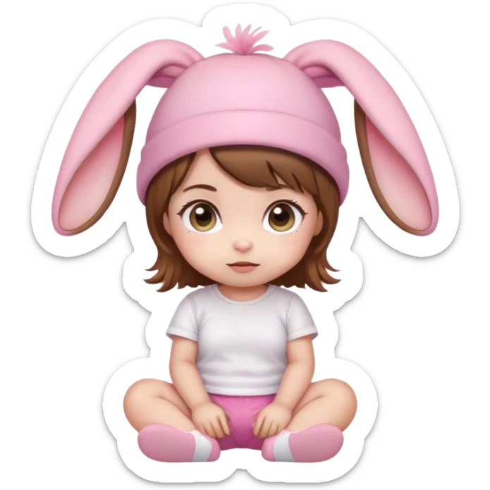 Kawaii baby girl emoji, sitting, brown hair, big eyes, pink bunny ear hat, white t-shirt, pink shorts sticker