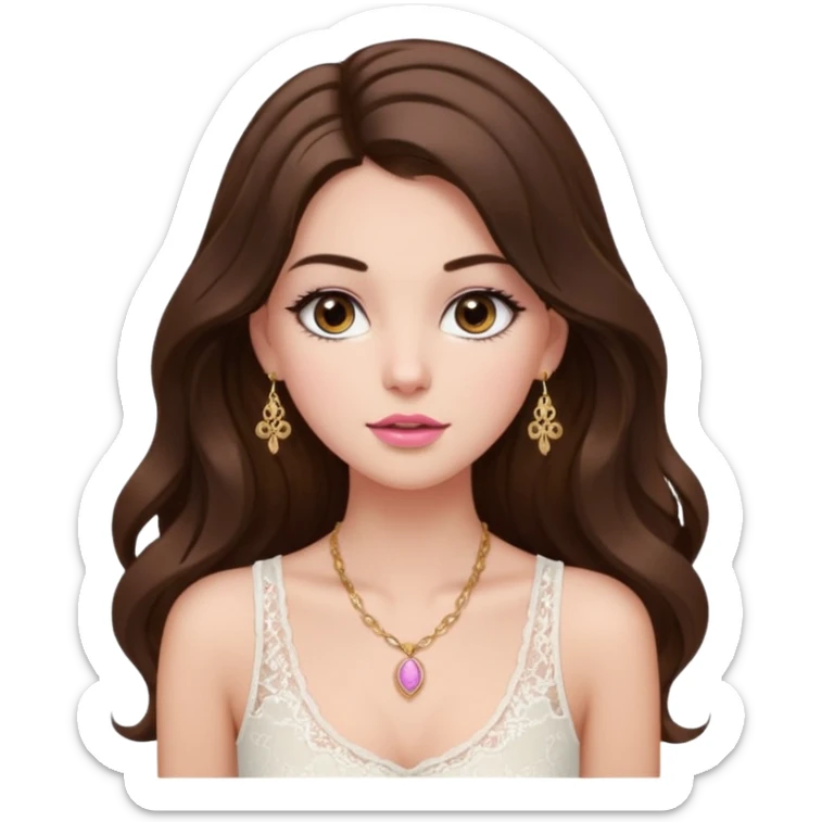 fair-skinned girl with dark brown, slim shaped eyes and long lashes. long, brown hair styled in a voluminous, wavy blowout. wearing a delicate white lace tank top and a dainty gold necklace, plump pink lips. sticker
