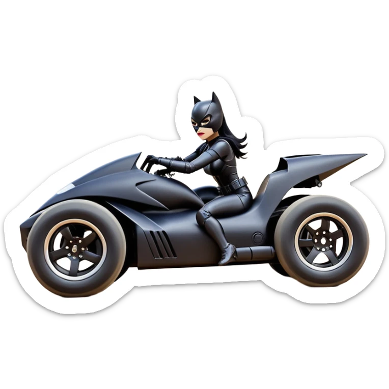 Rc toy with aerodynamic sexy fenders on Catwoman’s buxom attractive armored midnight-colored tight outfit from tv series style dark knight movie stealthy accurate sporty safe deluxe off-road fast pursuit prototype concept car (black hair, sitting back but driving aggressively) secret rally car sticker