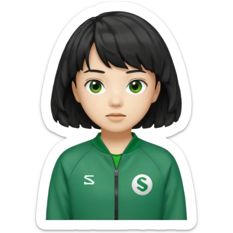 Sae-byeok from Squid Game, black wavy bob haircut with brief fringe, green tracksuit, 067 on chest, simple character emoji sticker