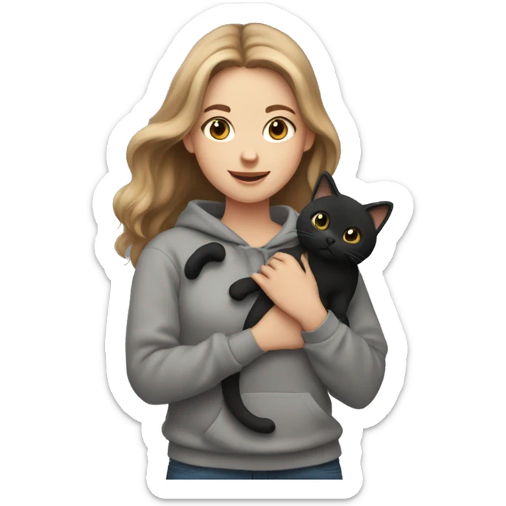 girl with light brown hair and a grey sweatshirt holding a fluffy black cat sticker