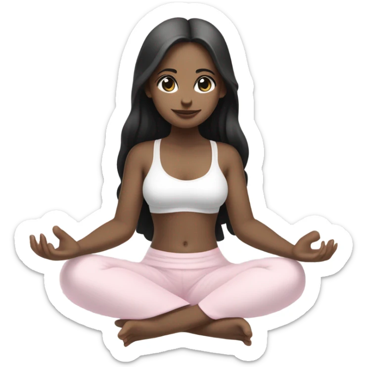 Girl with black long hair and white skin and brown eyes, meditates in a relaxed lotus position in a comfortable monochrome white bra top and monochrome pink short skirt sticker