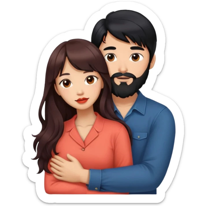 cool asian man with long black hair and beard, hugging cute tan skin woman with long wavy reddish brown hair with bangs and coral lipstick sticker