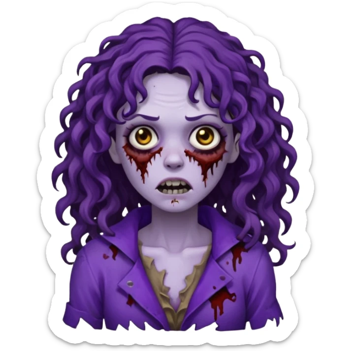 Zombie woman with curly, dark brown long hair (not thick or voluminous) wearing a ruined purple outfit.  sticker