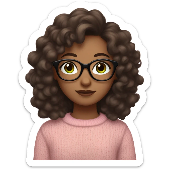 Girl with long curly brown hair, long eyelashes and brown eyes with a bit of green, big square black glasses with a pastel pink sweater sticker