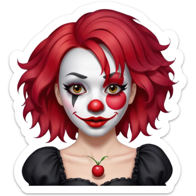 emoji of red hair like cherry hair girl in the black dress hold in hand a clown red nose, her face painted as clown mask, her eyes are gray  sticker