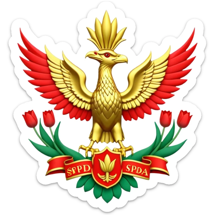 Sebuah logo 3D dengan tulisan nama SPD, bagian tengah lingkaran terdapat lambang burung garuda lengkap padi dan kapas, warna emas perak mengkilap dan bercahaya, latar belakang merah putih dan terang, tulisan profesional, berkualitas tinggi, timbul dan fituristik, HD 16K sticker