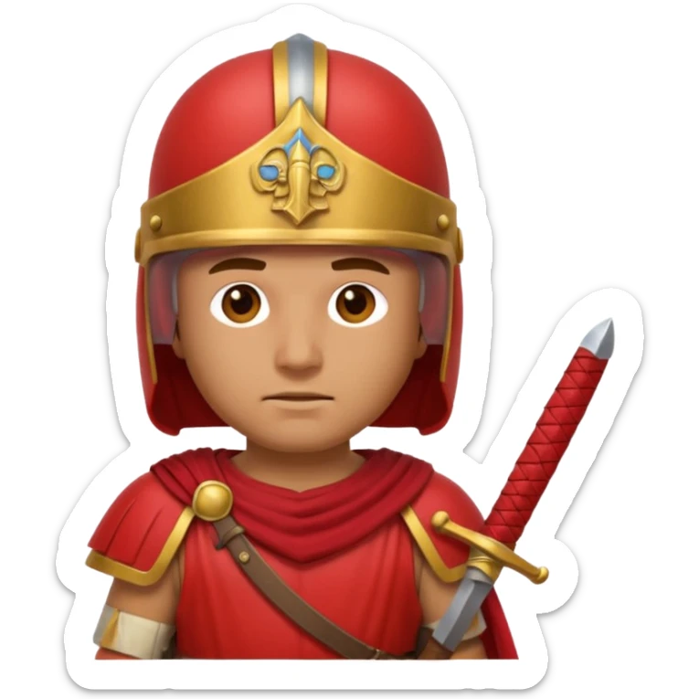 An emoji portrait of a Roman legionary soldier. He wears a helmet and a red tunic. His expression is stern and focused. He holds a short sword. sticker
