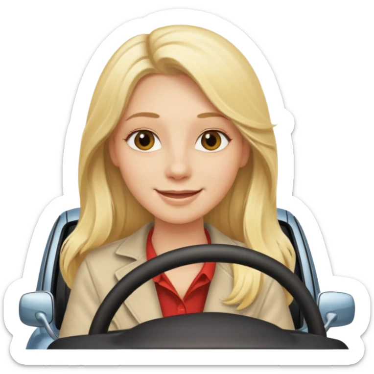 blonde long hair woman driving car. Happy face confidence sticker