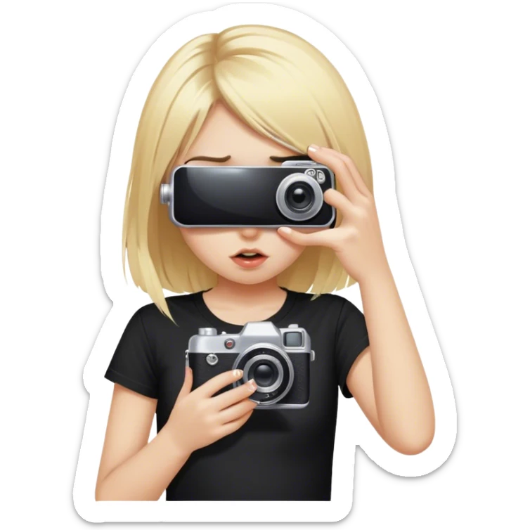 A blonde girl in a black tahirt taking pics on a baby punk camera that is cover her eyes sticker