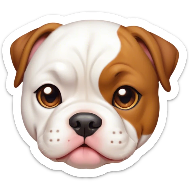 Cinematic Cute White and Brown American Bulldog Portrait Emoji, Head tilted playfully and inquisitively, soft white fur with rich brown patches, round, sparkling brown eyes filled with curiosity, Simplified yet irresistibly adorable features, highly detailed, glowing with a warm, friendly glow, high shine, affectionate and lively, stylized with a touch of whimsy, bright and endearing, soft glowing outline, capturing the essence of a mischievous yet loving pup, so playful it feels like it could bound out of the screen and into your arms! sticker