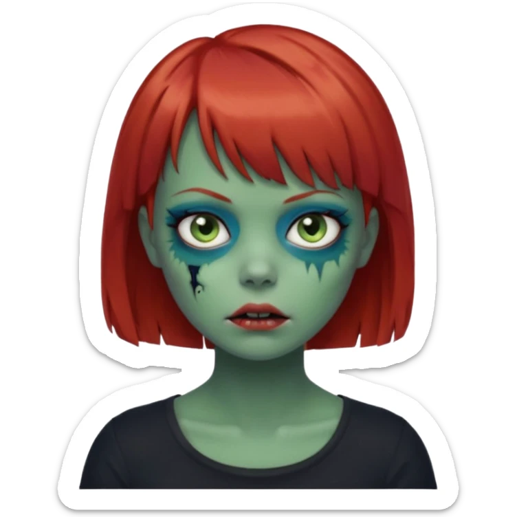Zombie girl emoji with short red hair and bangs. Blue eyes, green skin, and a black top. sticker
