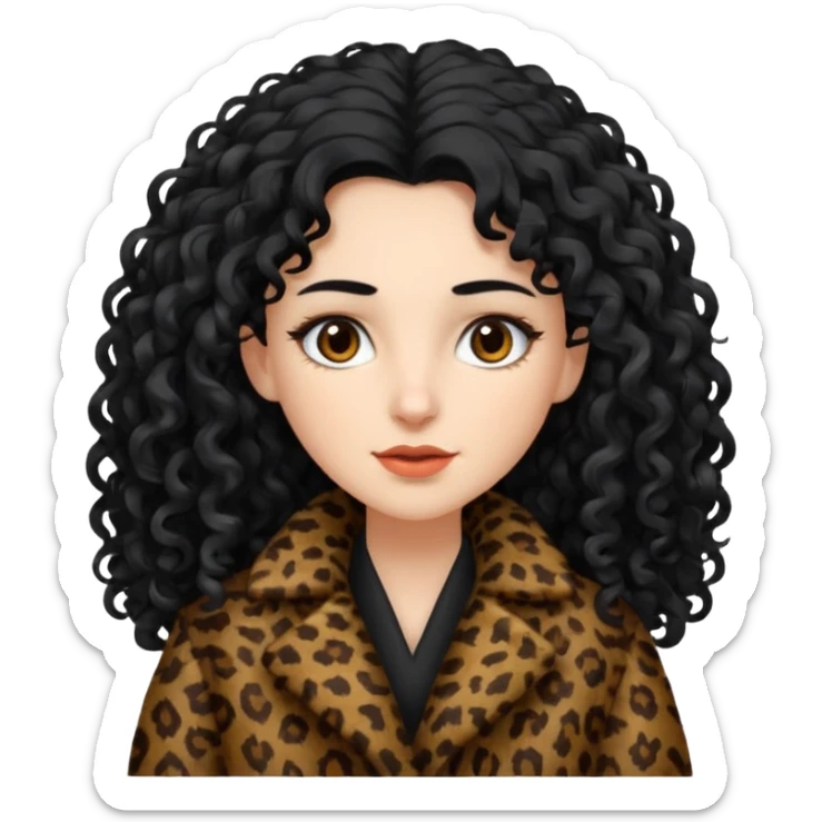 Does a white woman, long curly black hair, dark brown eyes wearing an animal hair coat sticker