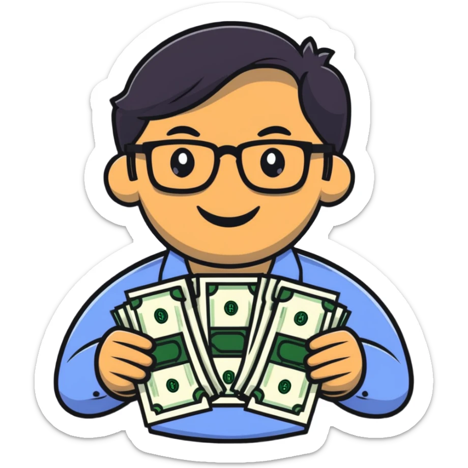 Indian finance bro with glasses, smiling, holding a stack of money, cartoon sticker sticker