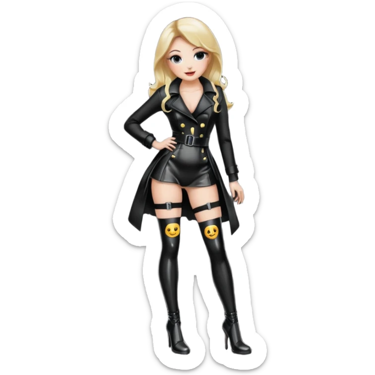 Create an female emoji with stockings and garter belt wearing a shiny wetlook coat and shiny high heel boot that go below the knee the boots should not go over the knee, the boots should have a very high and thin heel, garter belts should hold the stockings sticker