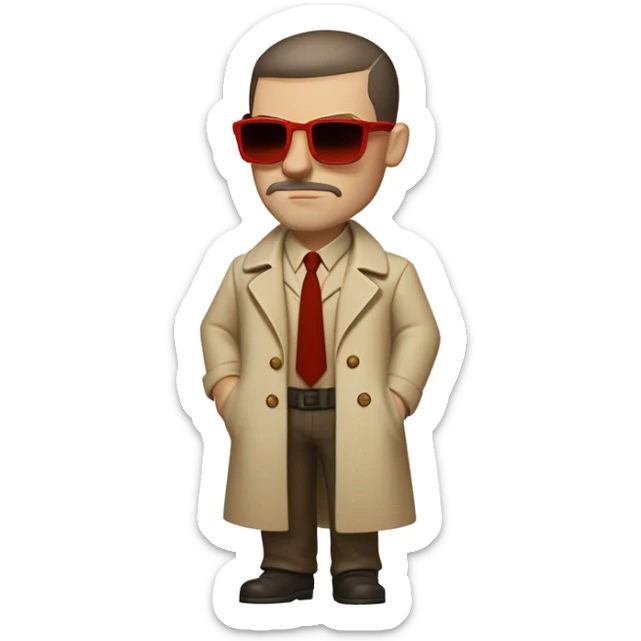 1930s investigator, a Caucasian man with short, buzz cut dark hair and a rough beard, wears tiny red-tinted sunglasses and a dirty beige trench lab coat. He has a serious demeanor. sticker