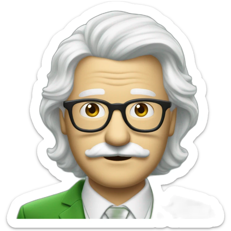 meester frank visser white hair, white mustache and glasses. Nice green suite sticker