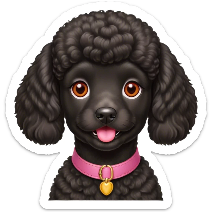 Barboncino nero con il pelo lungo. Occhi castano chiari. Lingua rossa. Con il collare rosa sticker