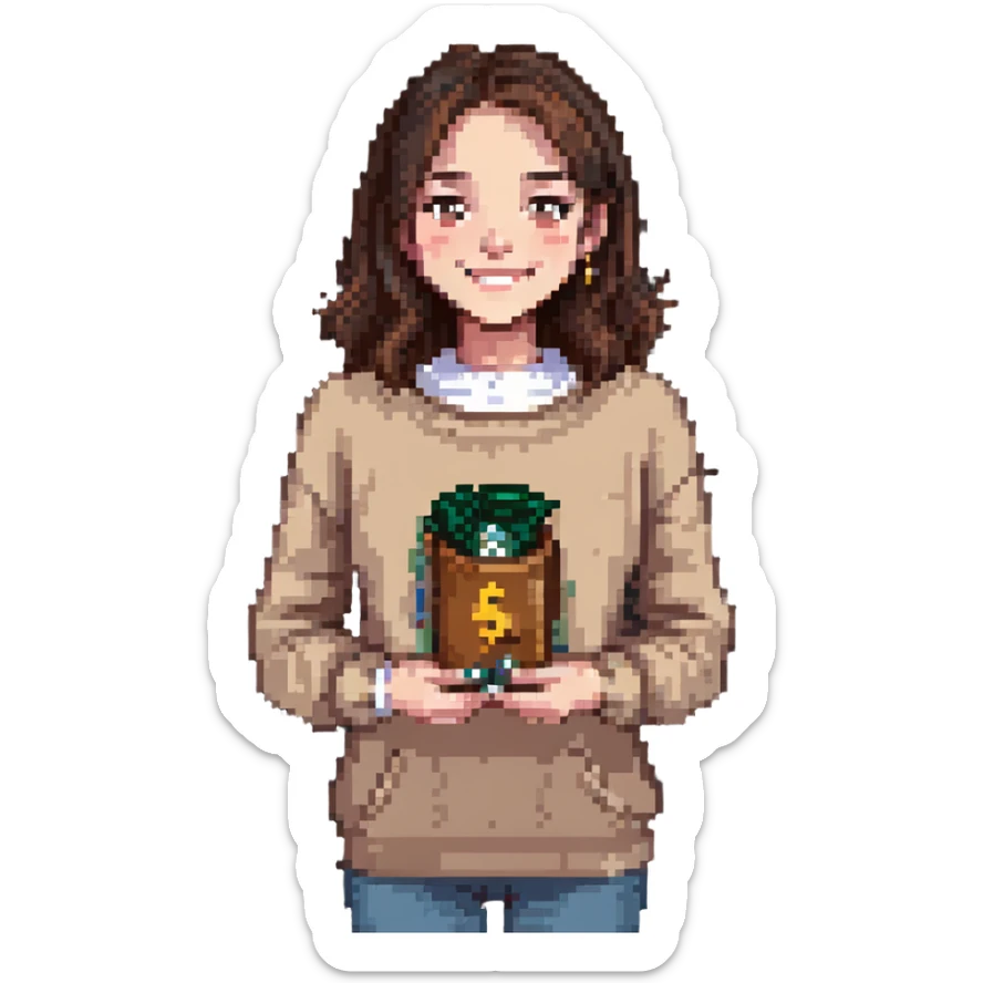 brunette girl in beige sweater happy with money in hands sticker