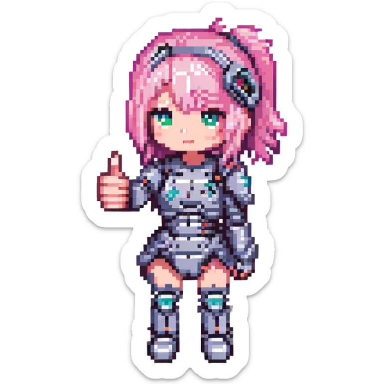 cyborg girl with pink hair giving a thumbs up, pixel art style, chibi proportions sticker