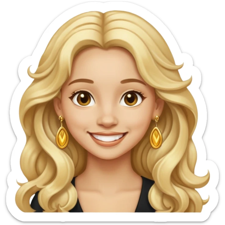 Girl showing happiness, light skin, long wavy blonde hair, gold earrings sticker