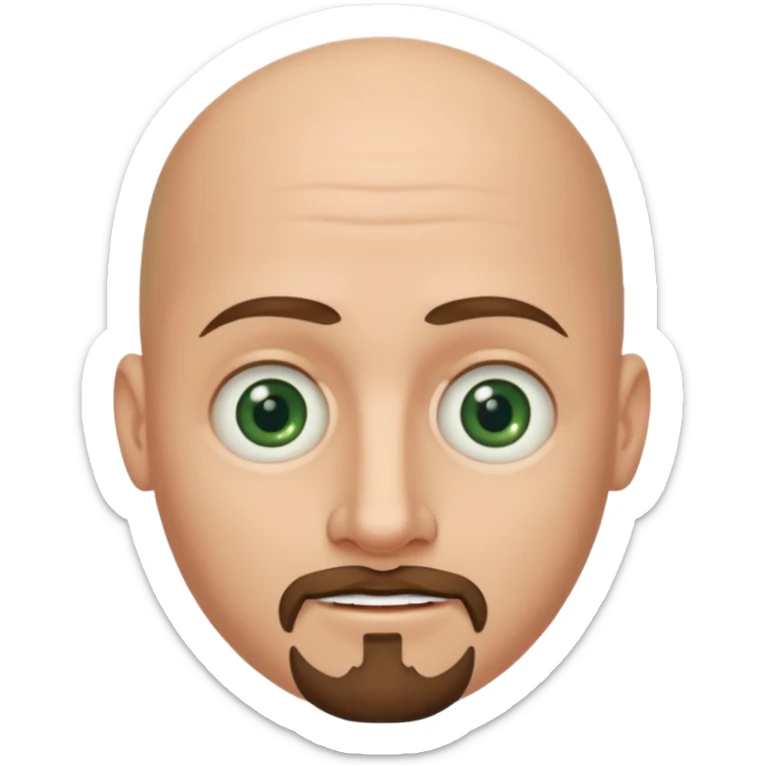 white caucasian bald man's face, with brown goatee and dark green eyes, oval face, rounded, big, little eyes a small smile sticker