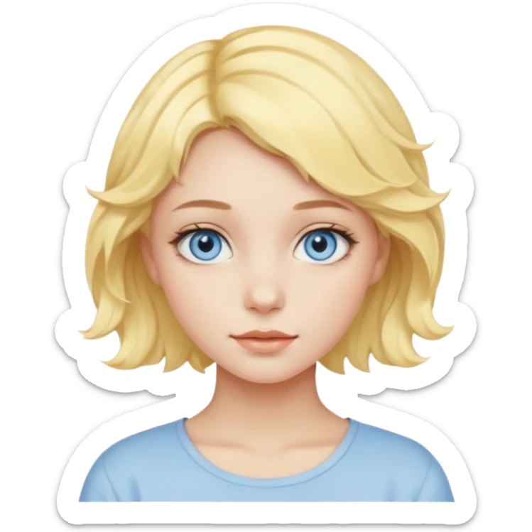 a girl with blue eyes, short pastel yellow wavy hair, natural clean girl makeup sticker