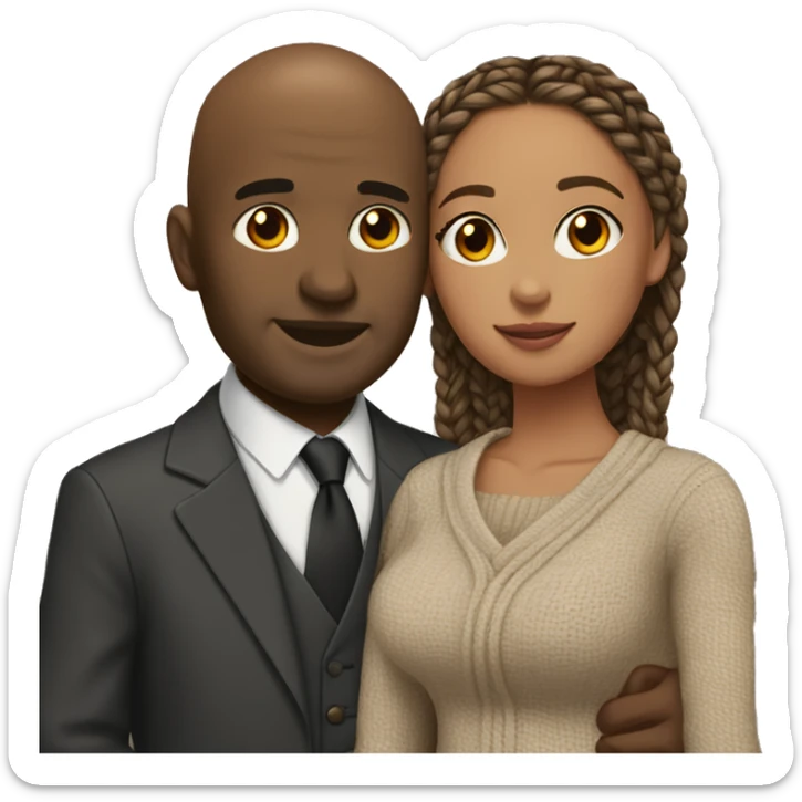 Black bald man in suit and tie hugging light brown woman with braids in sweater dress sticker