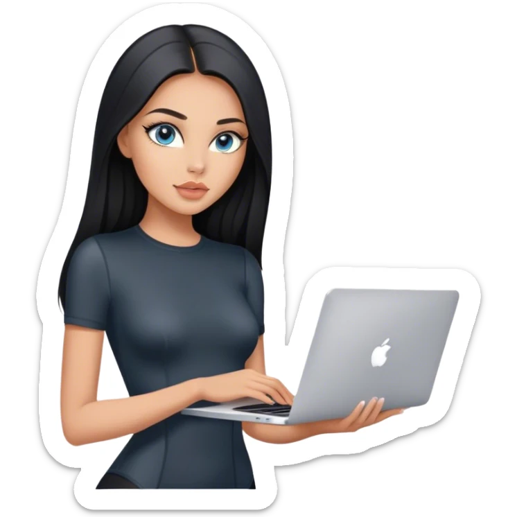 Glamours tanned very beautiful girl with pump peach nude lips and black straight smooth long hair, blue-grey eyes in beautiful short sleeves black bodysuit with MacBook sticker